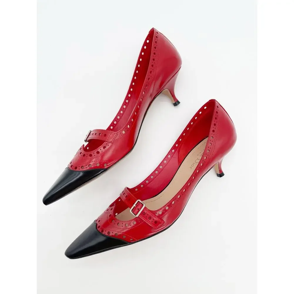 Dior Spectadior Red Black Brushed Calfskin Spectator Kitten Heel Pumps EU 39.5